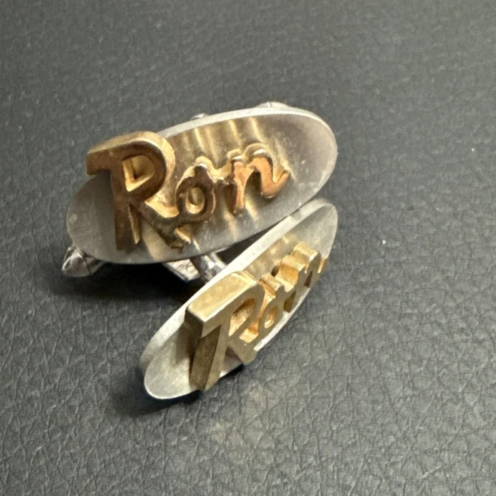Vtg SWANK Cufflinks & Tie Clip Bar Clasp Set Silver & Gold Tone Personalized RON